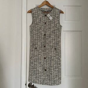 NWT LOFT Ivory and Black Tweed Button-Front Midi Dress